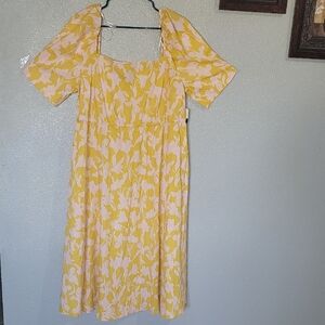 Eloquii Yellow and White Puff Sleeve Sundress
